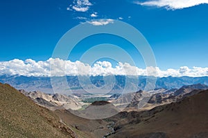 Beautiful scenic view from Between Khardung La Pass 5359m and Leh in Ladakh, India. photo