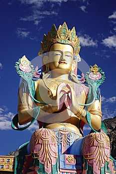 Ladakh, India - August 21st, 2022 : statue of Maitreya Buddha at Diskit Monastery, Nubra Valley, Ladakh