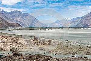 Beautiful scenic view from Between Diskit and Khardung La Pass 5359m in Nubra Valley, Ladakh, photo