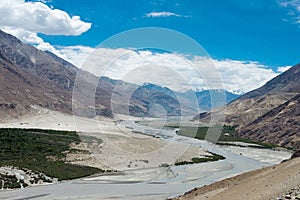 Beautiful scenic view from Between Diskit and Khardung La Pass 5359m in Nubra Valley, Ladakh, photo