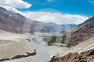 Beautiful scenic view from Between Diskit and Khardung La Pass 5359m in Nubra Valley, Ladakh, photo