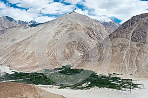 Beautiful scenic view from Between Diskit and Khardung La Pass 5359m in Nubra Valley, Ladakh, photo