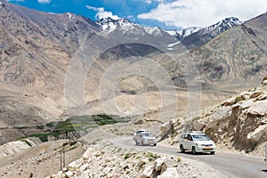 Beautiful scenic view from Between Diskit and Khardung La Pass 5359m in Nubra Valley, Ladakh, Jammu and Kashmir, India