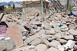 Mani Stone at Choglamsar Town in Ladakh, Jammu and Kashmir, India. Mani stones are stone plates as a