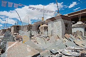 Mani Stone at Choglamsar Town in Ladakh, Jammu and Kashmir, India. Mani stones are stone plates as a
