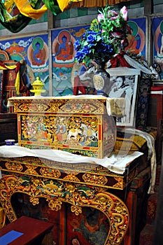 Ladakh - Lamas praying seat inside the temple