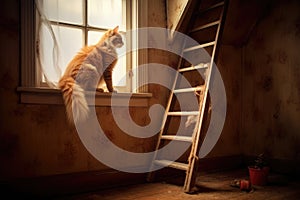 ladder ascending to attic with curious cat peeking inside