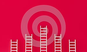 Ladder collection on red wall background. success concept with copy spaces for text. 3d rendering