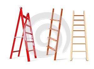 Ladder construction. Realistic wooden and metal staircase equipment. 3D building stepladders. Vertical tools for