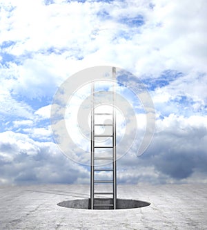 Ladder that emerges from the hole and leads to the top of the cloudy sky. 3d illustration