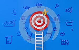 Ladder glowing and aiming high with business icons on blue background