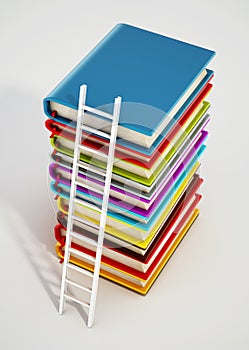 Ladder and heap of colorful books. 3D illustration