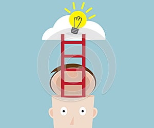 Ladder from human head to bulb idea on cloud
