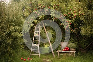 ladder leaning against apple tree with full basket below