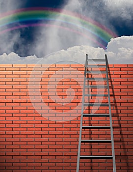 Ladder leans on wall