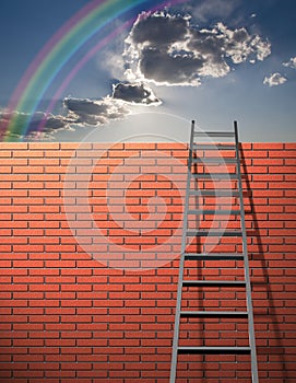 Ladder leans on wall