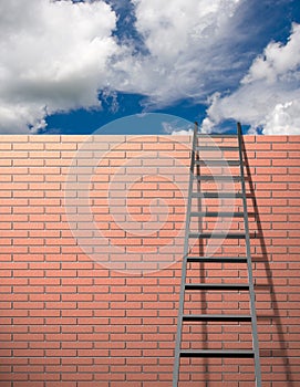 Ladder leans on wall with sky