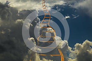 Ladder long difficult among  clouds leadin high to the sky heaven 3d rendeing photo