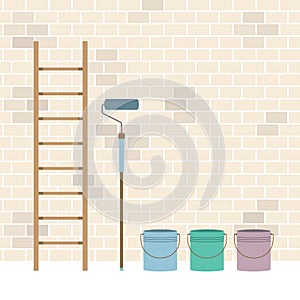 Ladder, Paint Roller And Paint Buckets Home Improvement