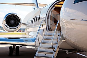 Ladder in a private jet, Business private jet airplane parked at terminal, Luxury tourism and business travel transportation