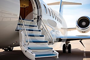 Ladder in a private jet, Business private jet airplane parked at terminal, Luxury tourism and business travel transportation