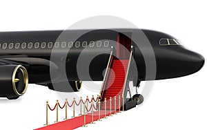 Ladder private jet and red carpet, 3d rendering isolated on white background