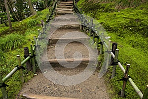 Ladder and railing of bamboo in Garden Kenrokuen in Kanazawa, Japan