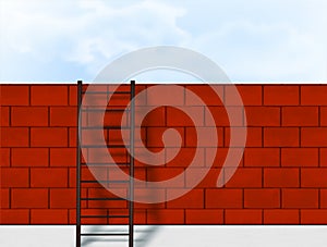 Ladder with shadow leaning against red brick wall and cloudy blue sky