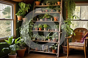 ladder shelf with potted plants and novels