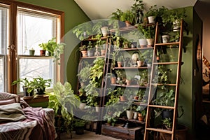 ladder shelf with potted plants and novels