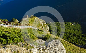 Ladder with stairs in the beautiful mountain landscape. Ceahlau, Toaca. Romania photo