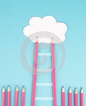 Ladder of success build with pencils, opportunity strategy, blue background, copy space for text, step by step concept, progress