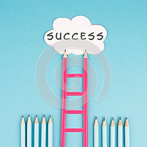 Ladder of success build with pencils, opportunity strategy, blue background, copy space for text, step by step concept, progress