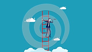 Ladder of success. Search for business opportunities. Businessman walking up stairs looking through binoculars with vision