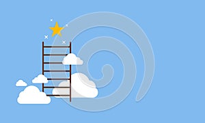 Ladder success step concept. The ladder with clouds and profit gloden star on the sky. Business and career. Aim and goal.