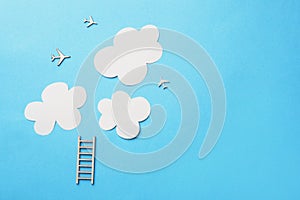 ladder to clouds and wooden planes on blue background, flat layout