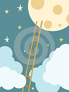 Ladder to moon. Starry night sky with stairs step by step, achieving impossible concept vector cartoon illustration
