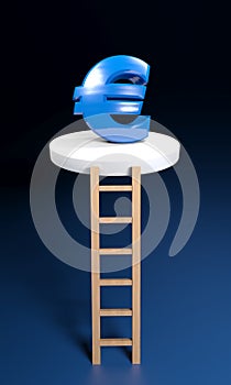 Ladder to reach blue glossy euro sign at the top of a flying platform - 3D rendering illustration