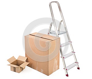 Ladder and two cardboard boxes