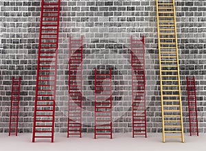 Ladders against brick old wall