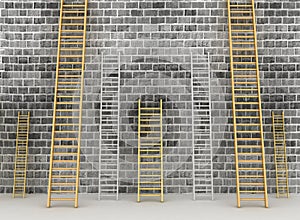 Ladders against brick old wall