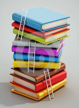 Ladders and heap of colorful books. 3D illustration