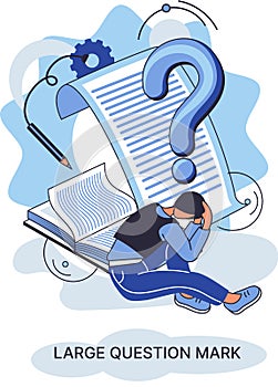 Ladge question mark. Problem and solution concept. Man looking for decision of information task