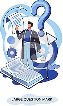 Ladge question mark. Problem and solution concept. Man looking for decision of information task