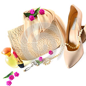 Ladies bag, shoes, jewelry, cosmetics and perfumes on w