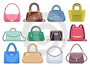 Ladies bags. Womens handbags with fashion accessories. Leather female clutch and purse vintage vector flat set