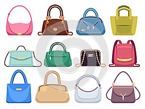 Ladies bags. Womens handbags with fashion accessories. Leather female clutch and purse vintage vector flat set photo