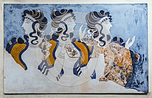 `Ladies in blue` fresco from Knossos Palace. The archaeological Museum in Heraklion, Crete