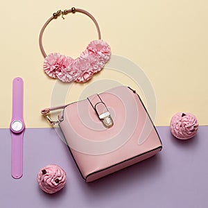 Ladies Fashion Accessories. Pink bag, watch, necklace. Pastel colors Trend Minimal