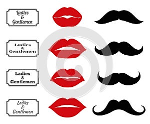 Ladies and gentlemen bathroom symbols. Vector lips moustache icons photo